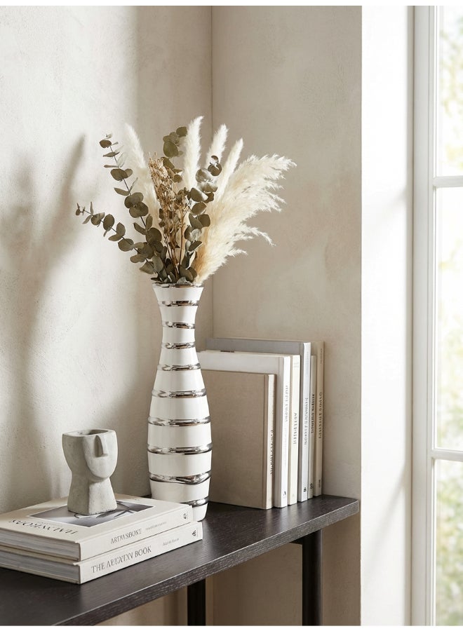 ايست من نون Ceramic Vase for Floral Decorative arrangement, Ht-44 cm |  Silver White Color | Ribbed Rays Design | Size -10.5x10.5x44 cm | Perfect for decorativing your living room, Ideal for decorating coffee table, dinning table, console table or any office or living space - Image 3